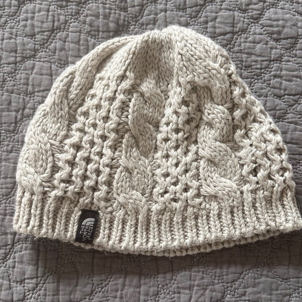The North Face Women's Cable Knit Fleece Lined Beanie Hat Wool Blend Beige OS